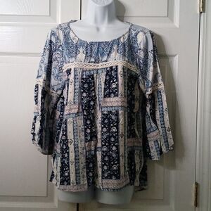 Fig and Flower blue white wide sleeve blouse Sz XL  EUC